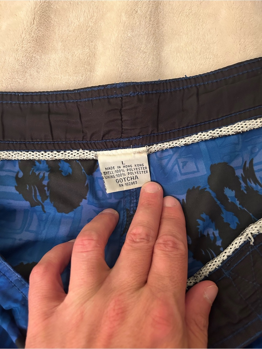 Men's Blue Patterned Swim Board Shorts with Black Print - Picture 5 of 6